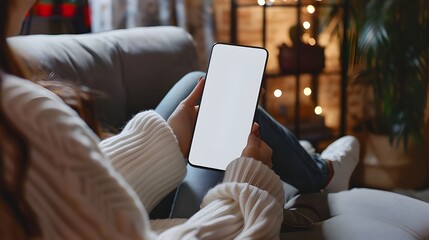 Happy young woman holding mobile smartphone with blank white screen background while resting on the sofa in living room at home