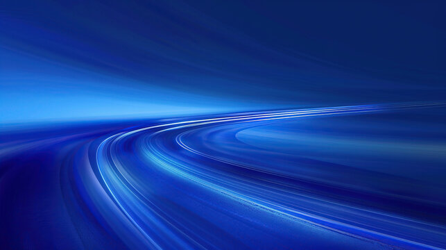 An abstract blue background with blurred stripes and light stripes on the horizon. The lines resemble a highway, with a focus on smooth curves that represent technology and communication concepts.