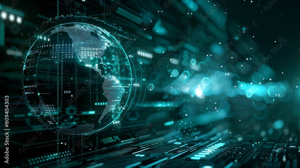 Poster futuristic scene showing a global data network shielded quantum technology in a minimalist, digital 