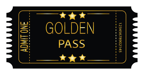 Naklejka premium Golden ticket for movies, parties, cinema, theatre, circus etc. vector illustration eps 10. 