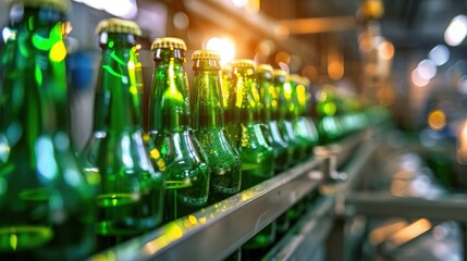 Close up of green glass beer bottles on the production line