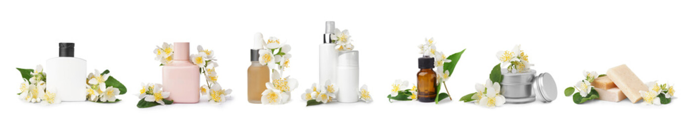 Collage of cosmetics with jasmine flowers on white background