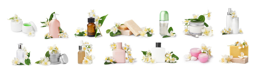 Collection of cosmetics with jasmine flowers on white background