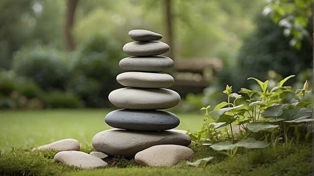  A stack of balanced flat stones in peaceful garden setting --ar 3:2v 4