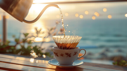 Dripping coffee in a filter over a cup on a table by the seaside during sunrise, capturing a serene morning moment.