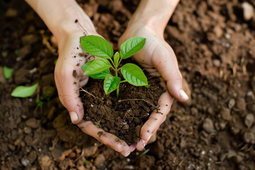 Young plant being held carefully by two dirt covered hands, representing CSR, Sustainable living and environmental care, save the earth and world environment day.