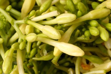 A close-up of a pile of fresh, raw papaya flowers (Carica papaya), mostly green with white tips, some still in bud form while others have bloomed. These flowers are commonly used in cooking