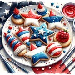 Watercolor an inviting plate of patriotic-themed desserts featuring star-shaped cookies, colorful macarons, and fruit-topped pastries, all decorated in red, white, and blue for a festive celebratio
