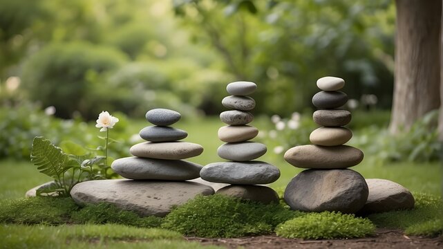  A stack of balanced flat stones in peaceful garden setting --ar 3:2v 4