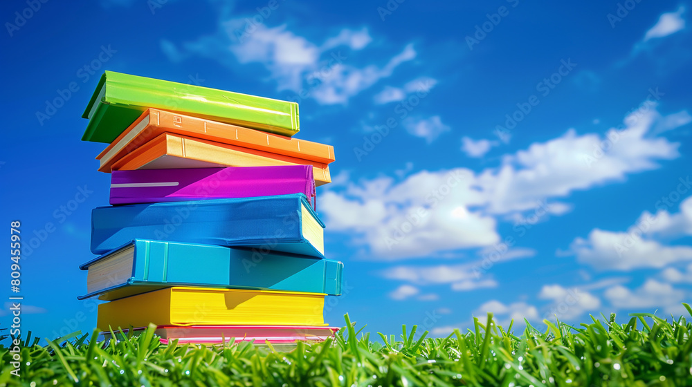 Wall mural a stack of colorful books is on top of a green grassy field. the sky is clear and blue, and there ar