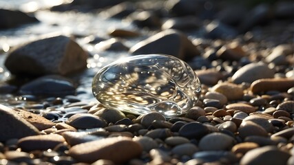  A close-up shot a smooth river stone glistening under the sunlight