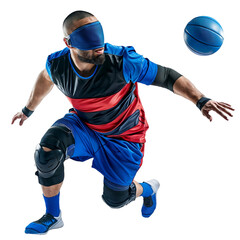 A blind athlete playing with a ball on transparent background. Goalball. Paralympic and parasport...