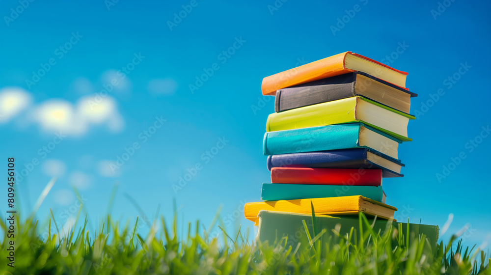 Wall mural a stack of colorful books is on top of a green grassy field. the sky is clear and blue, and there ar
