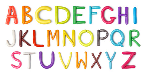 English alphabet made of play dough on white background