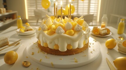   A tight shot of a cake on a table, adorned with lemons and assorted dishes nearby