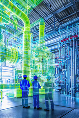 Obraz premium Factory workers examine digital twin model for machinery optimization in manufacturing plant.