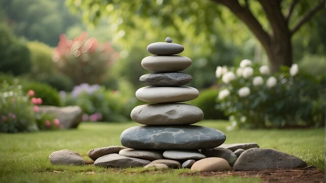  A stack of balanced flat stones in peaceful garden setting --ar 3:2v 4