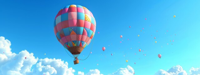 Fototapeta premium A playful illustration of a hot air balloon decorated with a patchwork of different patterns, soaring through a clear blue sky.