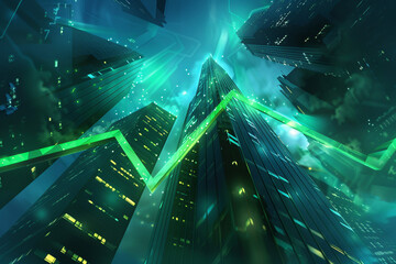 Business growth, success concept, increase investment profits, increase sales, progress or development concept. Arrow graph. Skyscraper background. The graph glows with bright green and blue.