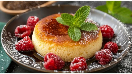   A dessert atop a plate, dusted with powdered sugar, garnished with ripe raspberries and a fresh...