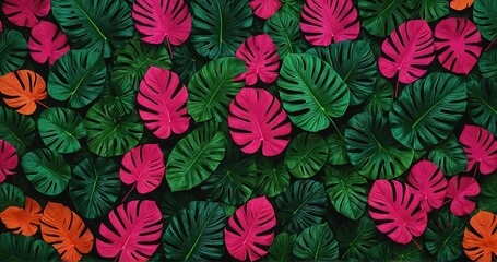 Creative fluorescent color layout made of tropical leaves. Flat lay neon colors. Nature concept.