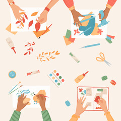 Flat handmade craftwork art class background, creative handcraft top view illustration, hands create handicraft hobby activity collection, colorful children craft work social media banner concept.