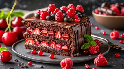   A chocolate cake with chocolate frosting and raspberries sits on a plate Nearby, a bowl holds...
