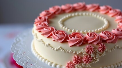  white surface dotted with pink frosting flowers Placed on a pristine white plate, a doily encircles its edges