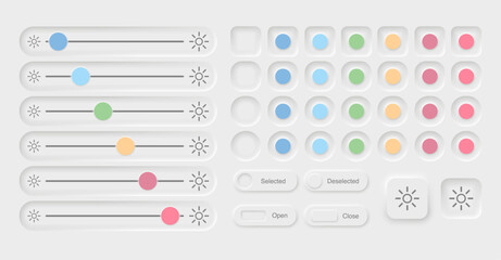 Brightness Slider in Neomorphism and Neumorphism Design. Maximum Light Isolated Sign - Skeuomorphism Vector Illustration