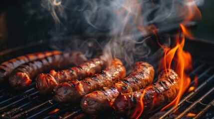 Close Up photo of grilled sausages on grill with smoke and flame on dark background