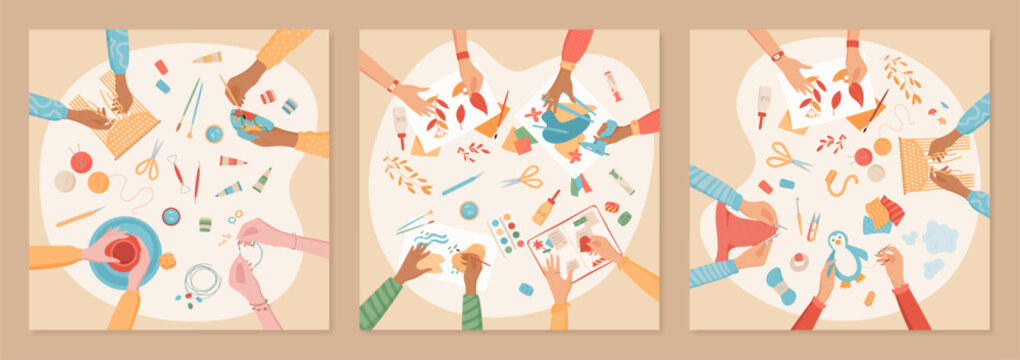 Cartoon handicraft DIY hobby workshop banner, top view colorful hands make pottery art class concept, children handmade painting activity background, creative craftwork group illustration,