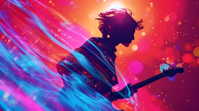 A guitarist's silhouette with colorful aura, spiritual music. Anime or digital painting style, looping 4k video animation background