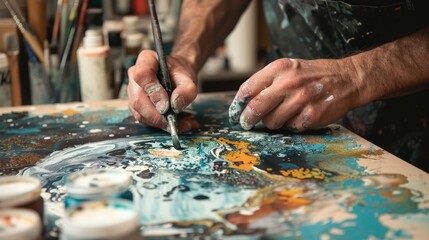 Artist's Hand Crafting a Monochrome Painting