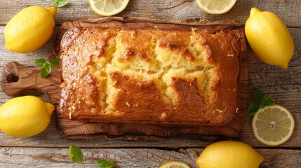   A loaf of lemon bread atop a wooden cutting board Nearby, sliced lemons and a knife