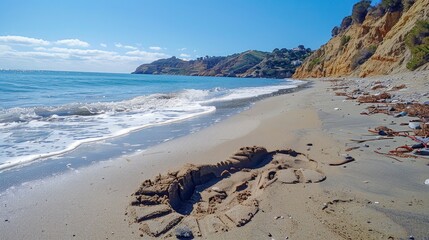 A photo of a beach with a footprint of a dinosaur in the sand, hinting at the prehistoric past and...