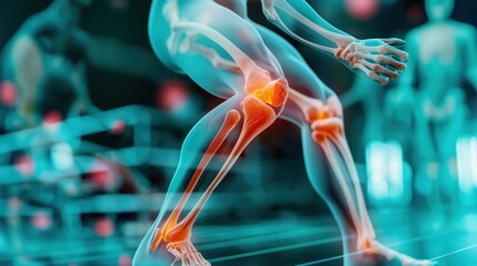X-ray illustration of a knee,s a running man with painful knee joint highlighted, kneecap. Problem of joint diseases, medical topics. Painful joints and medical help	