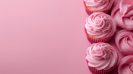   A collection of pink-frosted cupcakes against a pink backdrop, each featuring a space for a personalized name