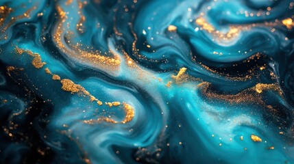 Background with a blue and black abstract painting with gold glitter and fluid art.