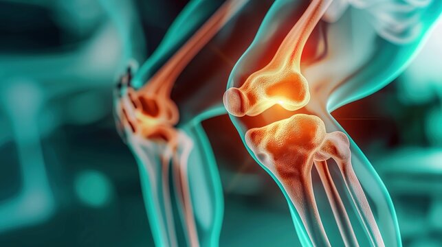 X-ray 3d rendered illustration of a knee, a running man sceleton with painful knee joint highlighted, kneecap. Problem of joint diseases, medical topics. Painful joints	