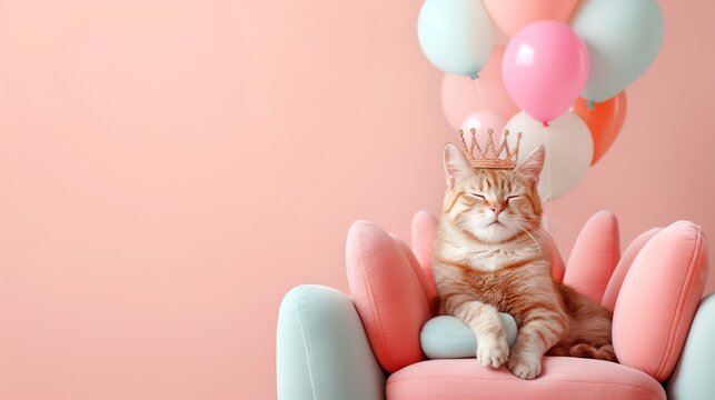 The greatest fluffy red queen of cats with a crown on her head sits importantly and with dignity on a soft pink throne	