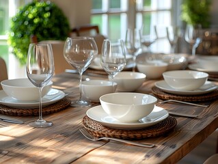 Elegant Nordic Inspired Tableware Setting on Rustic Wooden Table with Soft Natural Lighting