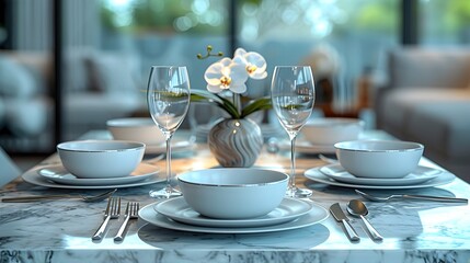 Fototapeta premium Elegant Contemporary Minimalist Tableware Arrangement on Smooth Marble Table with Orchid