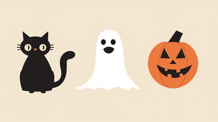 Obraz premium A chic, minimalist set of Halloween icons including a black cat, a ghost, and a full moon, styled in flat design, perfect for modern holiday invitations or minimalist decor
