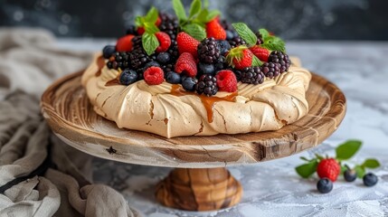   A wooden platter holds a cake topped with raspberries and blueberries