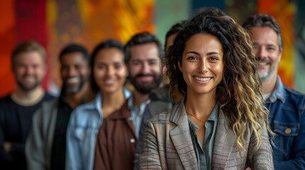 Obraz premium Diverse Group of Smiling Men and Women Posing Together in a Colorful and Friendly Office Setting