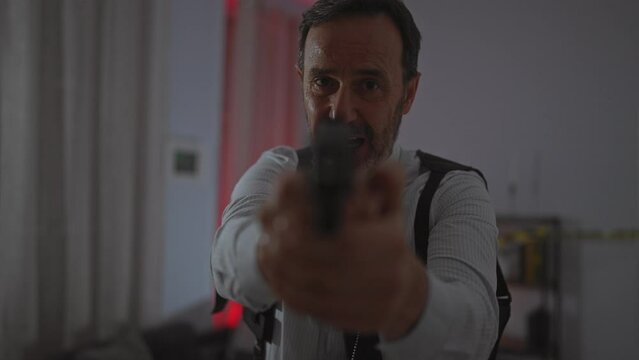 Mature man in shirt and suspenders aiming a handgun forward in a dimly lit indoor space, depicting tension and suspense.