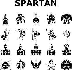 spartan warrior helmet roman icons set vector. soldier sparta, battle armor, gladiator head, greek ancient, knight spartan warrior helmet roman glyph pictogram Illustrations