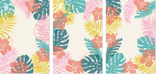 Set of abstract summer backgrounds with tropical leaves and flowers with overlay effect. Cover for web banner, social media banner template, postcards, invitations. Summer vacation concept.Beach theme