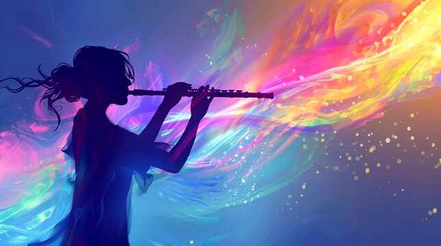 A Flutist silhouette with colorful aura, spiritual music. Anime or digital painting style, looping 4k video animation background