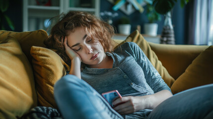 woman in her 30s on the couch at home using smart phone looking very tired and bored 